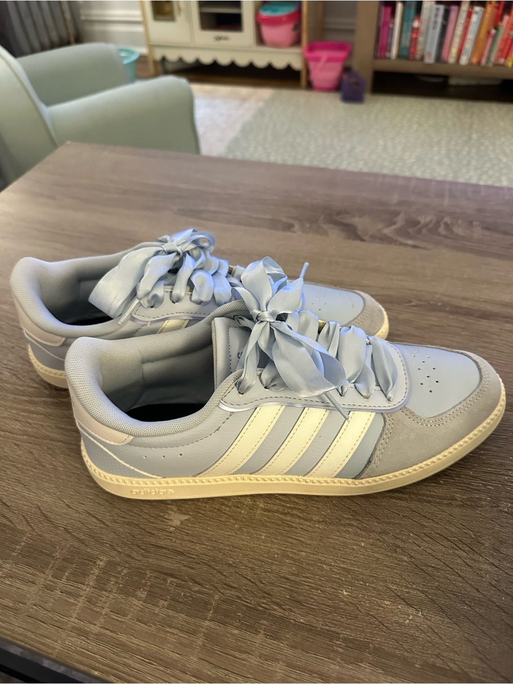 adidas Pale Blue and Cream Satin-Lace Court Shoes - Picture 3 of 6
